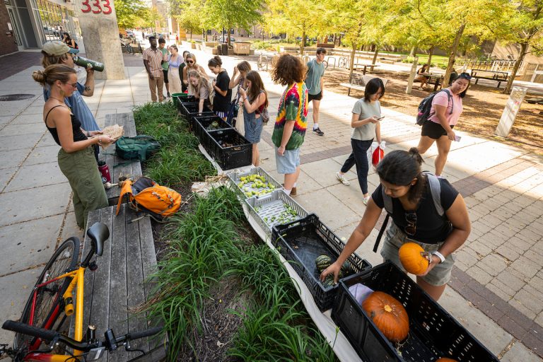 Members of the campus community pick from a variety of fresh fruits and vegetables at the The People’s Farm student organization food stand set up on East Campus Mall.