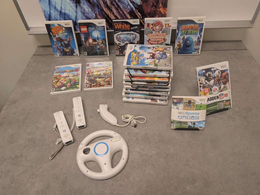 A collection of Wii games and equipment to show some of the PRC's offerings.