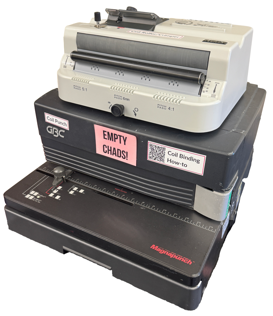 Coil binding machines that punch, roll, cut, and crimp.