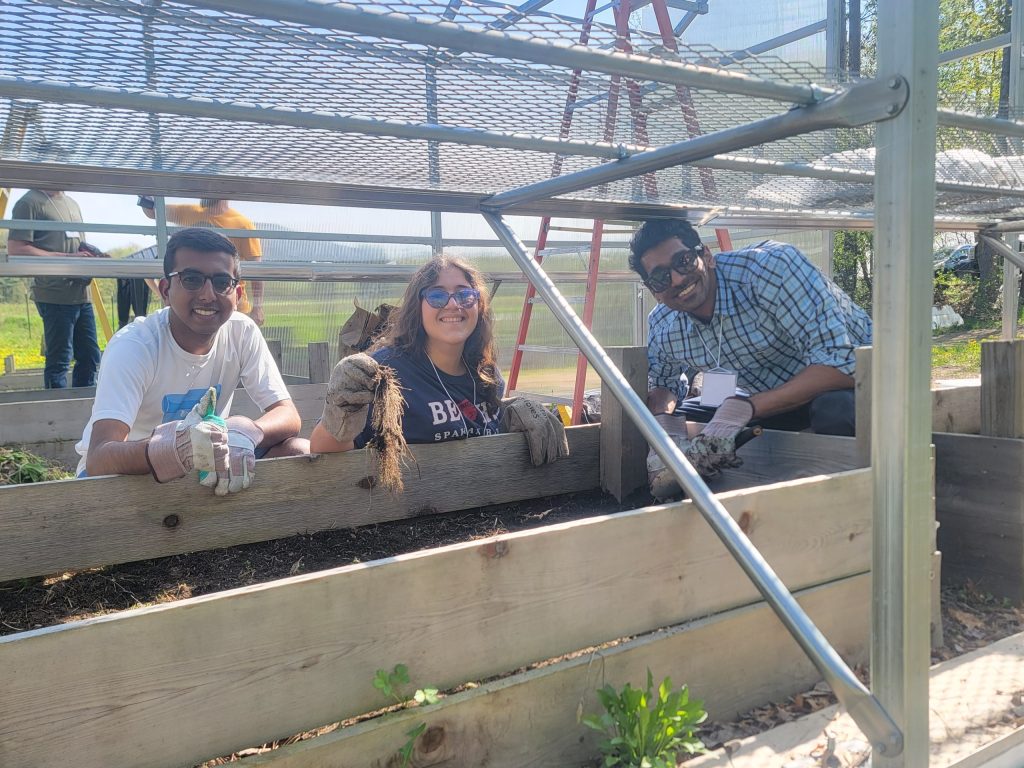 Three students wearing gardening gloves smile for a photo crouched beside a gardening bed as they volunteer to prepare a greenhouse.