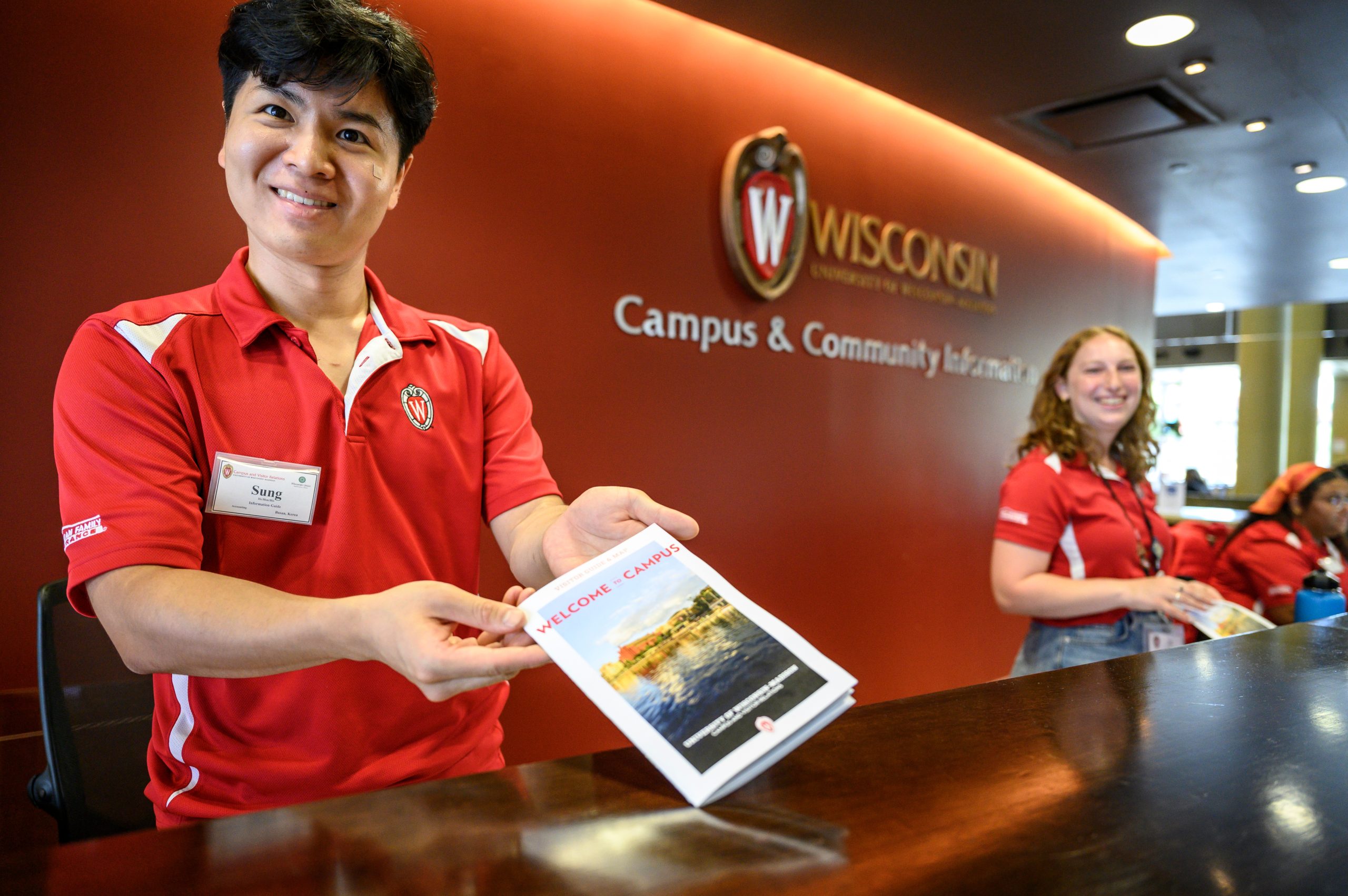 Campus and Visitor Relations (CAVR) information guide displays a “Welcome to Campus” brochure at the Campus & Community Information Welcome Desk in Union South at the University of Wisconsin–Madison.