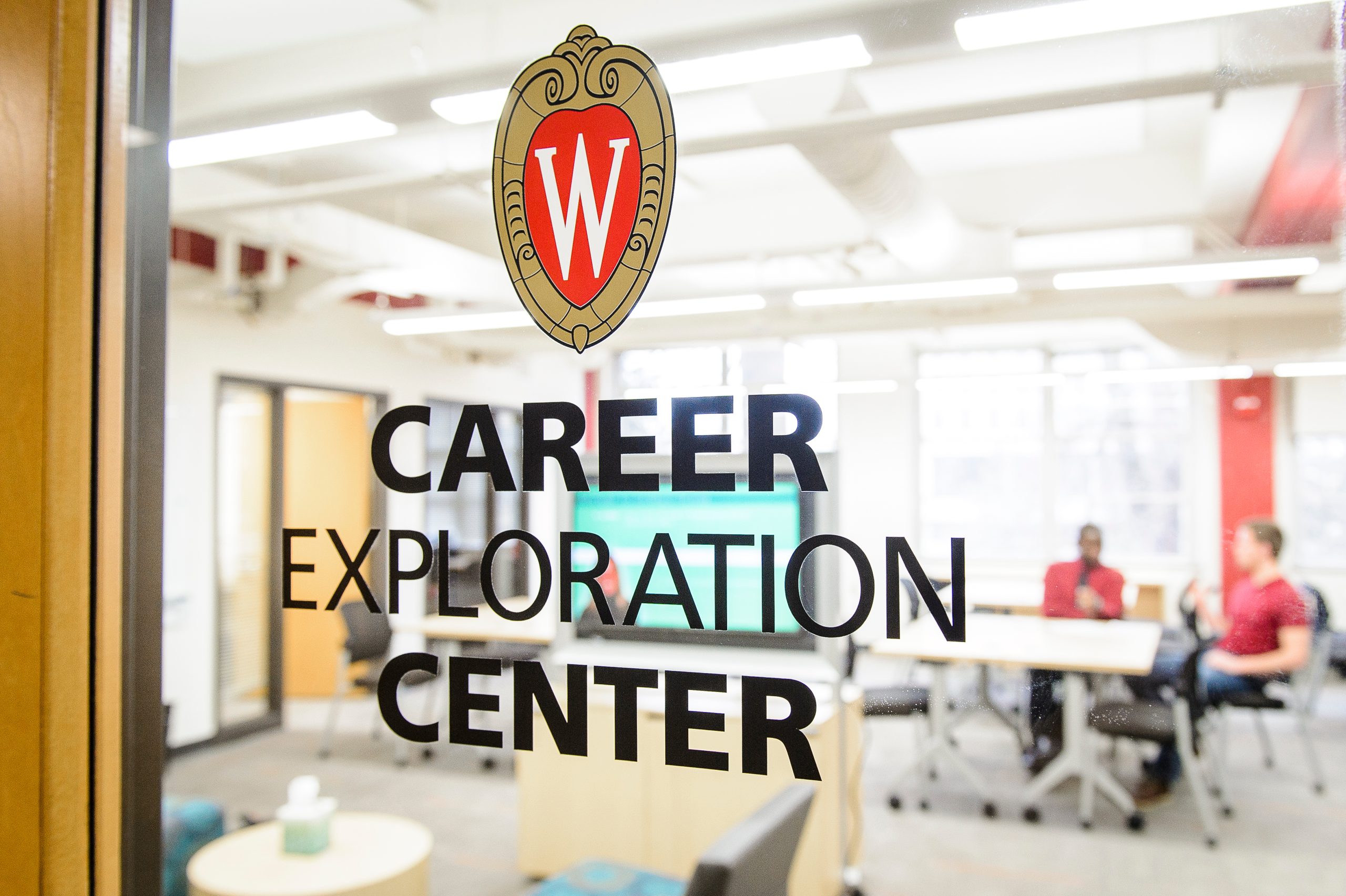 The career exploration center written on a glass window