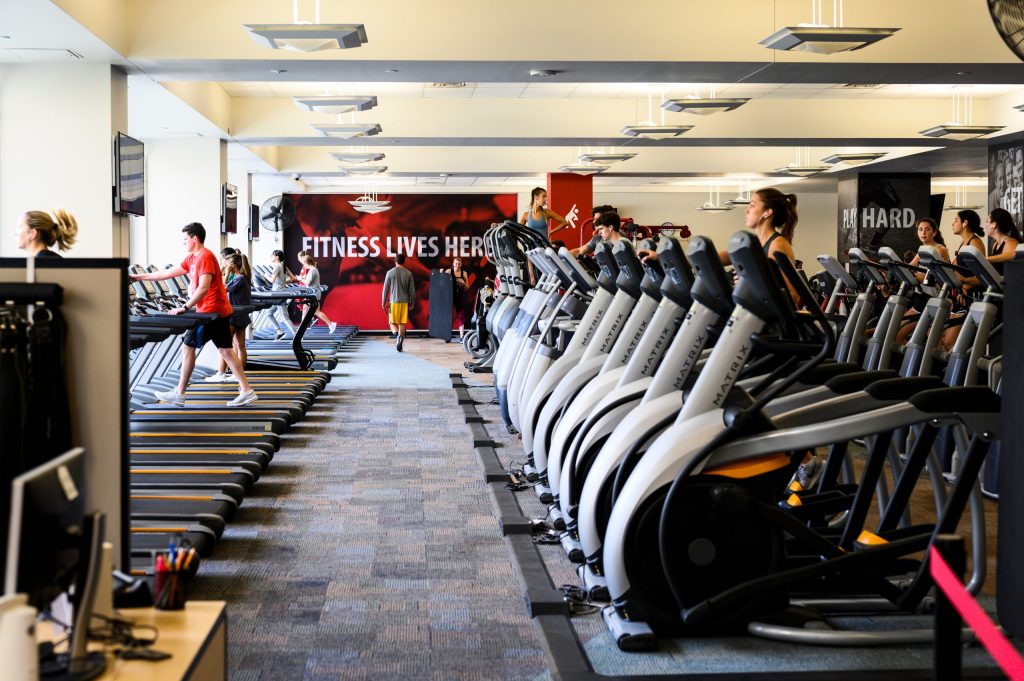 Various treadmills being used by students in the gym (the Nick)