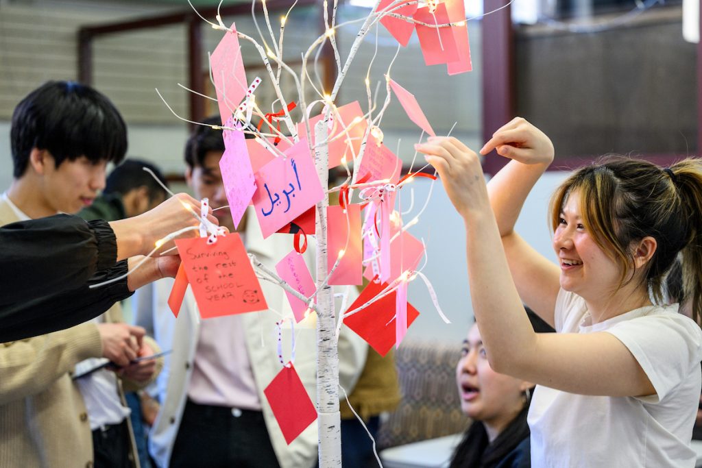 undergraduate Natalie Hua hangs wishes from an illuminated tree, which was organized by the Asian American Student Union (AASU)