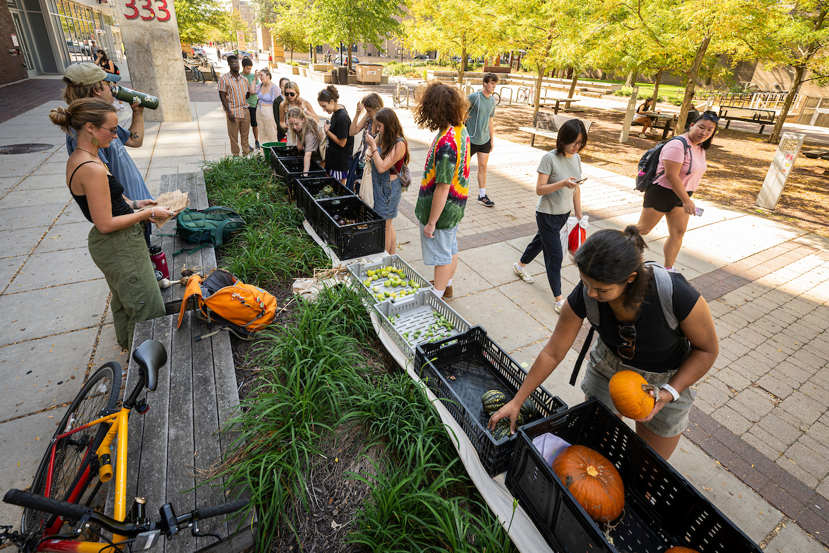 Members of the campus community pick from a variety of fresh fruits and vegetables at the The People’s Farm student organization food stand set up on East Campus Mall.