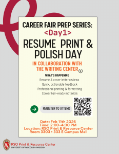 Career Fair Prep Series: Resume Print & Polish Day workshop flyer.