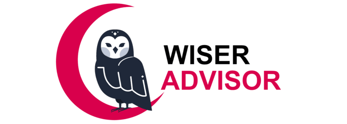 Wiser Advisor Logo. Features red crescent moon with a dark gray owl sitting on it.