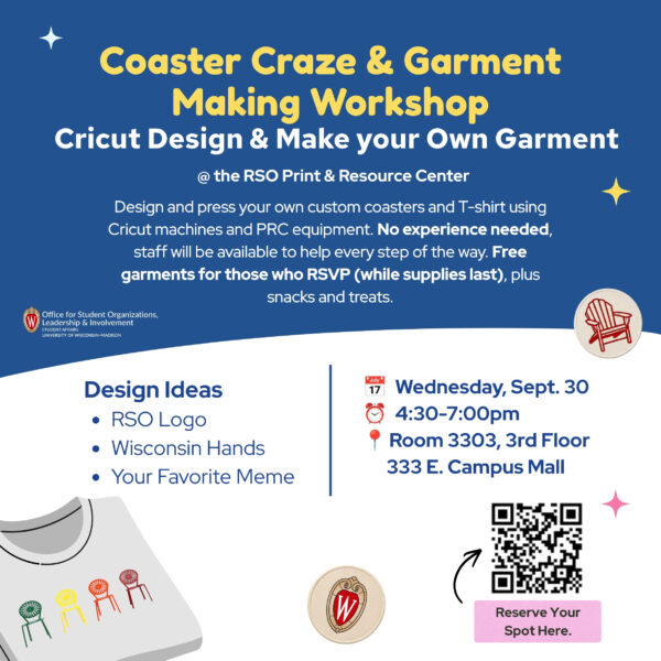 Come to the PRC's Coaster and Garment workshop on Wednesday, September 30th from 4:30 to 7!